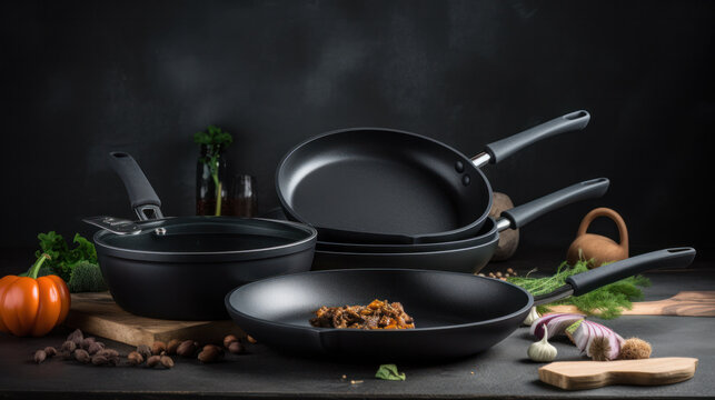 close up view of nice cookware set on grey color back