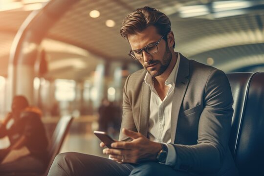 Man At Airport Lounge And Using Mobile Phone, Businessman Working And Using Mobile At Busy Time On Airport, Generative AI.