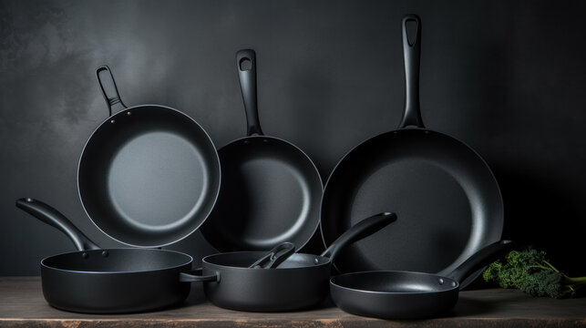close up view of nice cookware set on grey color back