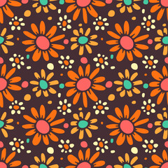 Seamless pattern with retro flowers. 70s style colorful floral background