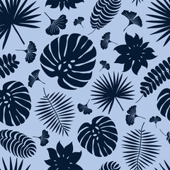 Cobalt blue seamless pattern with tropical leaves.