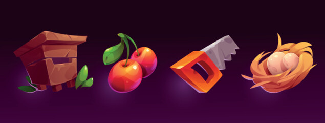 Cartoon set of gardening game assets isolated on background. Vector illustration of wooden beehive, cherry, saw and bird nest with eggs. Farming tools and harvest. User interface design elements