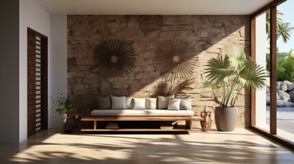 Beach hotel living area with soft sofa decoration wood louver door and tree pot for minimalist style. Generative Ai