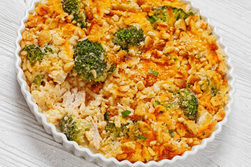 chicken rice broccoli casserole in baking dish