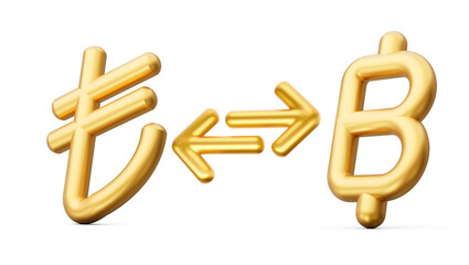 3d Golden Lira And Baht Symbol Icons With Money Exchange Arrows On White Background, 3d illustration