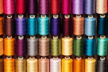 Colorful spools of thread arranged neatly