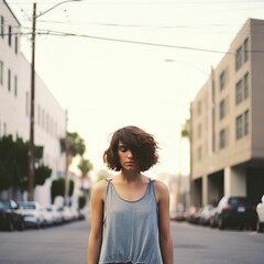 a girl in a T-shirt on an empty street