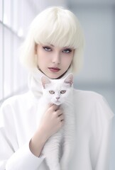 A woman with a white hairstyle, in a white turtleneck, with a white cat in her arms