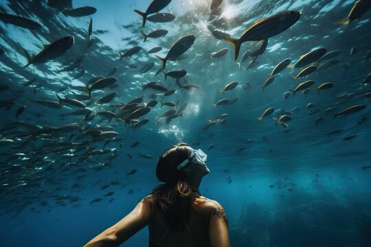 A Girl Swims Underwater With Fish