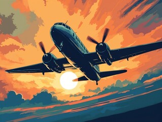 Airplane flies during sunset vector illustration generative ai