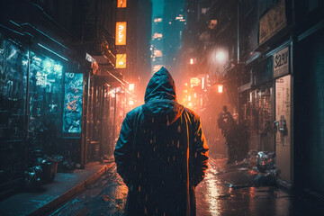 A man stands in the middle of the street at night. Night shot of a city with cars and neon lights. Generative AI.
