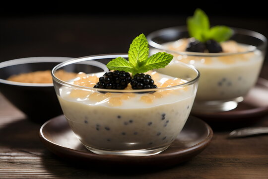 sago tapioca pudding dessert with blackberry mint garnish  in editorial stylist shoot