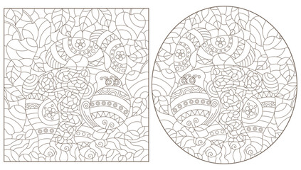 Fototapeta na wymiar A set of contour illustrations in the style of stained glass with abstract cartoon rabbits on a background of berries, dark contours on a white background