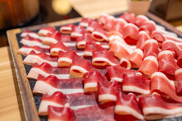 Slice of fresh duck meat in Hot pot restaurant