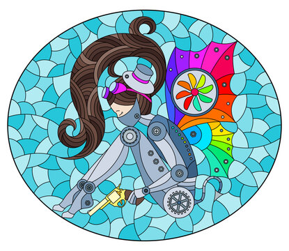 A stained glass illustration with a steampunk girl on a blue background, oval image