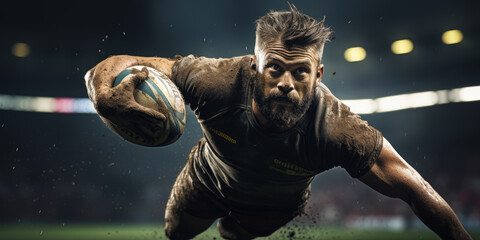 Determination and Strength on Display as Rugby Player Catches the Ball in Flight