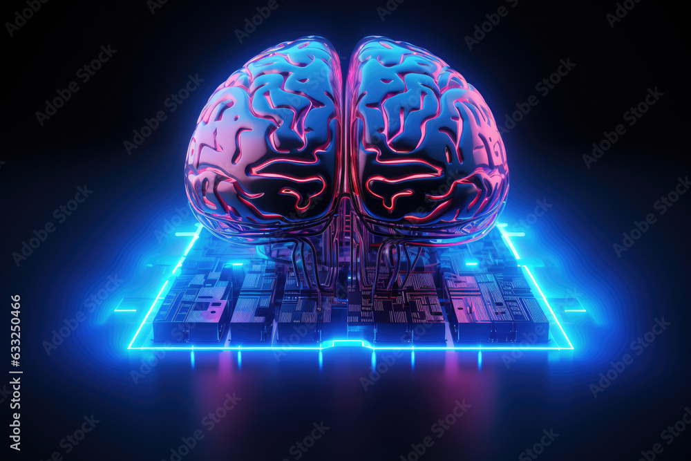 Poster digital ai electronic brain made from metallic with neon light, neural data storage machine, artific