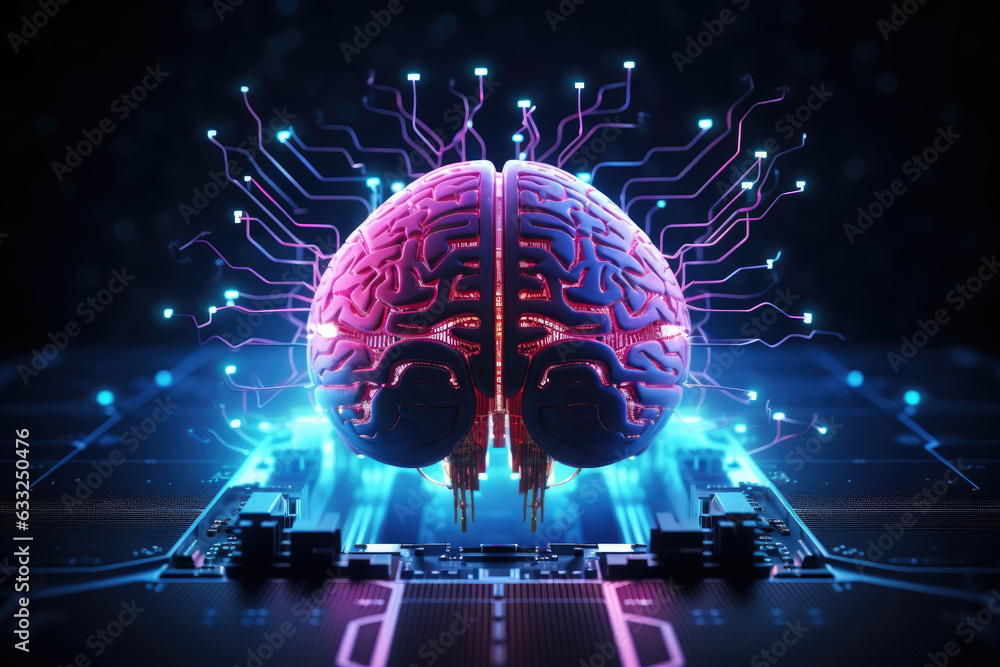 Poster digital ai electronic brain made from metallic with neon light, neural data storage machine, artific