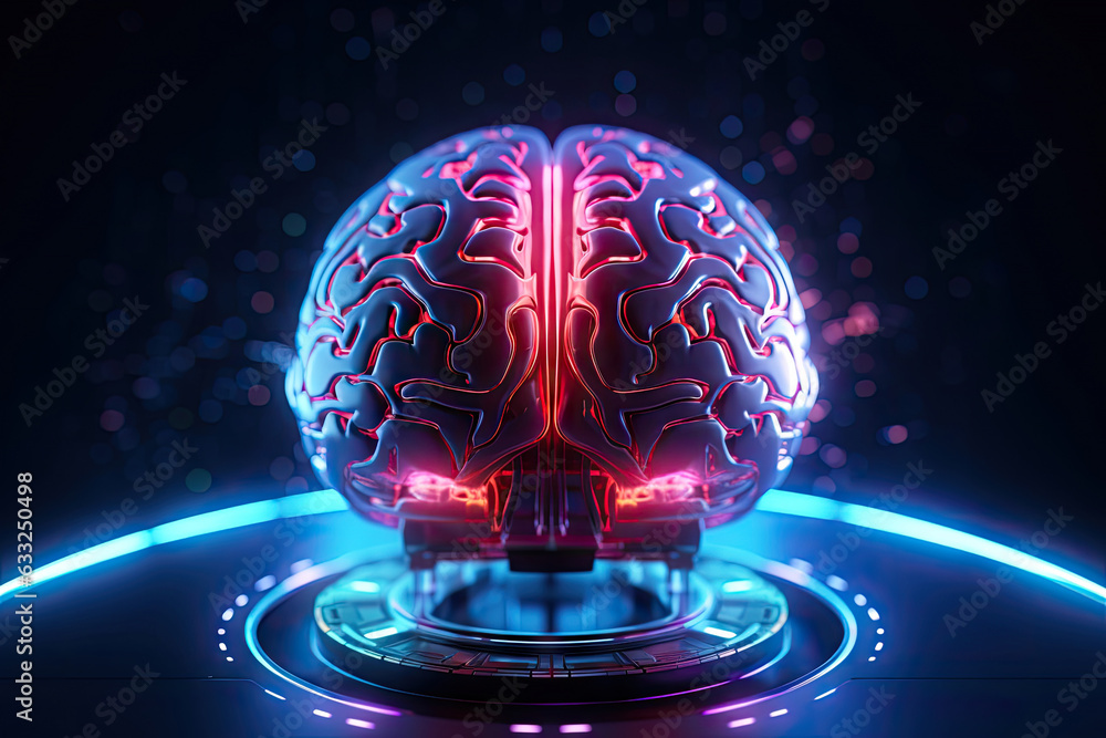 Poster digital ai electronic brain made from metallic with neon light, neural data storage machine, artific