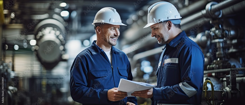 Wall mural two happy intelligent engineers discuss production details in factory