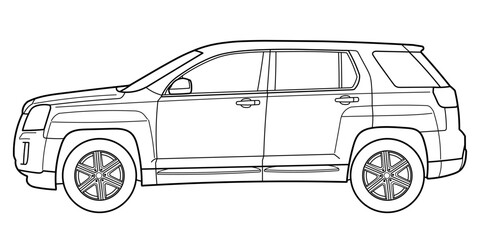 Classic luxury suv car. Crossover car front view shot. Outline doodle vector illustration. Design for print, coloring book