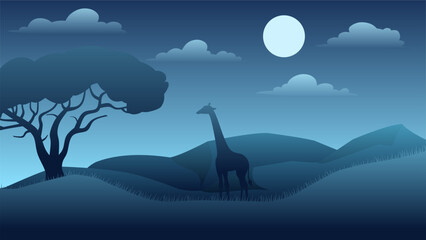 Wildlife landscape vector illustration. Wildlife landscape at night with giraffe and african tree. Wildlife landscape panorama for background, wallpaper, display or landing page