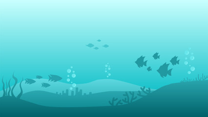 Fototapeta na wymiar Underwater landscape vector illustration. Deep sea landscape with fish, coral reef and bubbles. Sea world silhouette landscape for background, wallpaper, display or landing page. Vector background