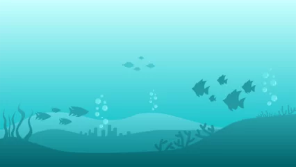 Fototapeten Underwater landscape vector illustration. Deep sea landscape with fish, coral reef and bubbles. Sea world silhouette landscape for background, wallpaper, display or landing page. Vector background © Moleng
