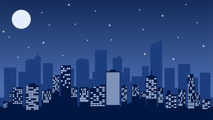 City landscape vector illustration. Urban silhouette with skyline building and night sky. Cityscape silhouette landscape for background, wallpaper, display or landing page. Skyline in the midnight