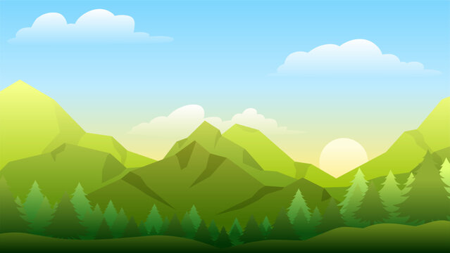 Mountain landscape vector illustration. Green mountains ridge with morning sky. Mountain range landscape for background, wallpaper, display or landing page. Vector gradient style background