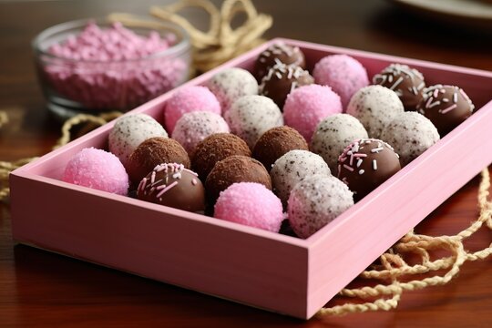 Chocolate candies in pink box on wooden table, closeup. Brigadeiro