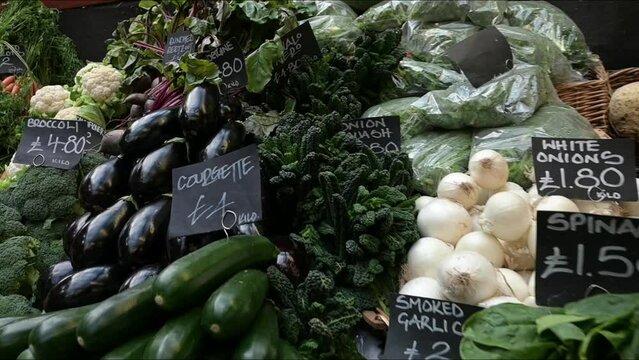Vegetable stall in Borough Market, London, UK. 