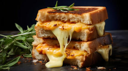 gourmet croque monsieur grilled sandwich with melting cheese and sage herbs, editorial photo on black background