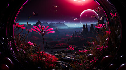 Fantasy landscape of an alien planet with mountains and flowers, purple and blue atmosphere