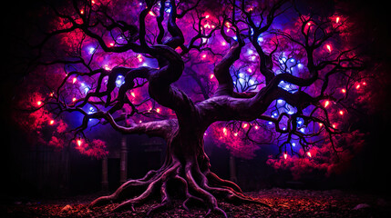 Tree with blossom and light petals in an abstract environment