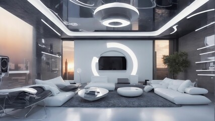 futuristic living room, white tone interior