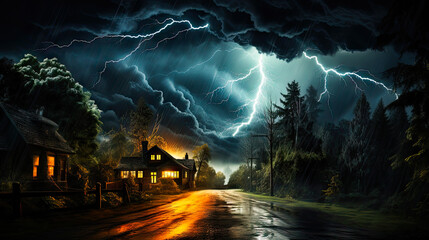 Heavy storm with lightning over a house near a forest
