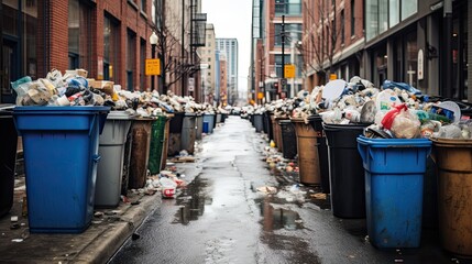 full trash can standing on the sidewalk of the street, environmental pollution. Ecology