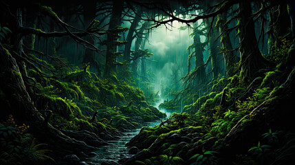 Dark pathway through a dense forest, moody misty atmosphere, fog in the distance, 