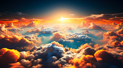 Flying above the clouds towards the sun, soft focus background with copyspace for presentation