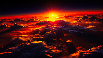 Sunset seen from above the clouds, red glow atmosphere, soft focus background with copyspace for presentation