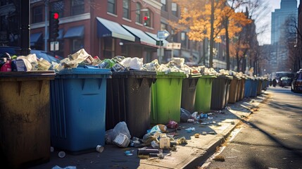full trash can standing on the sidewalk of the street, environmental pollution. Ecology