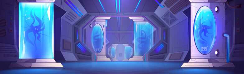 Futuristic spaceship interior corridor and capsule inside. Space ship with science lab and cryogenic hibernation technology container. Neon light in laboratory hall with door. Cryopod panel vector © klyaksun