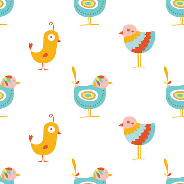 Cartoon duck and sparrow birds isolated on white background is in Seamless pattern - vector illustration