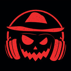 Halloween pumpkin cartoon wearing music headphones, vector drawing