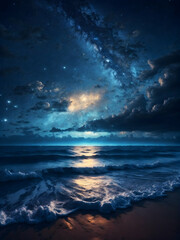 A stunningly detailed star-filled night sky, with the stars twinkling over the sea 
