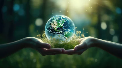 Fotobehang Woman hand holding earth, save planet, earth day, sustainable living, ecology environment, climate emergency action, world environment day concept, illustration for global warming content © LAONG