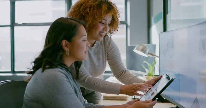Office tablet, report and woman show good review of social network feedback, customer experience or ecommerce website. Brand monitoring data, collaboration or media teamwork on online survey analysis