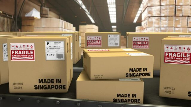 in a warehouse, boxes on a conveyor belt with the mention Made in Singapore. 3D animation
