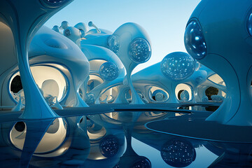 Blue abstract design of a bus stop in the city of the future.